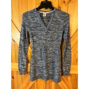 ROXY Gray Black V Neck Long Sleeve Tie Waist Mini Sweater Dress Size Small (5294